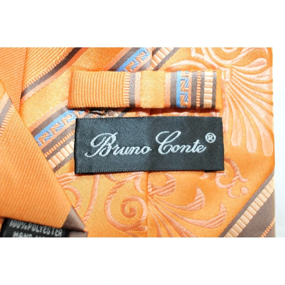 Bruno Conte Orange Striped‎ Paisley Formal Neck Tie Men 100 Percent Polyester